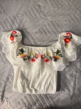Altar'd State White Off-Shoulder Top with Pink and Yellow Floral Embroidery
